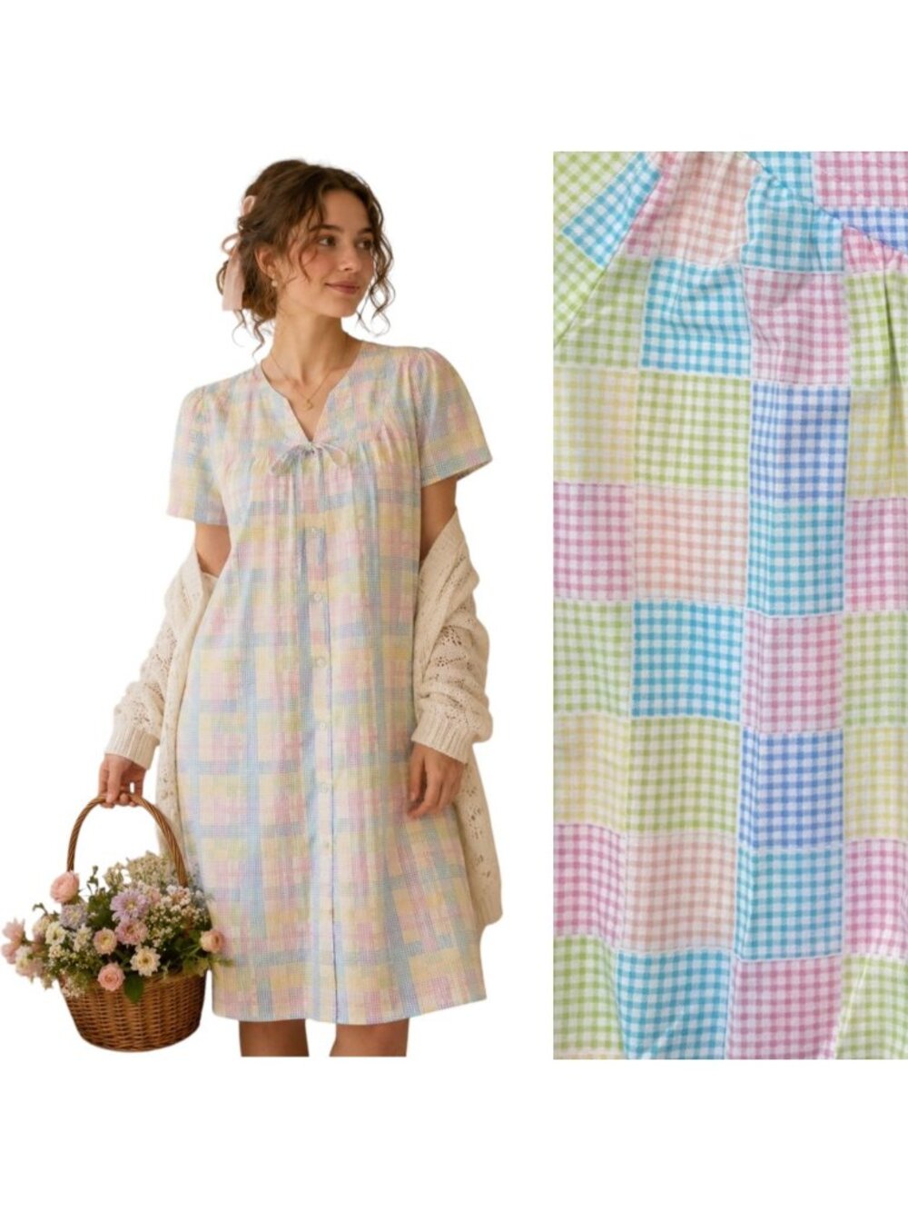 Vtg 90s Ashley Taylor Cottagecore Pastel Patchwork Gingham Sleep‎ Dress Size L